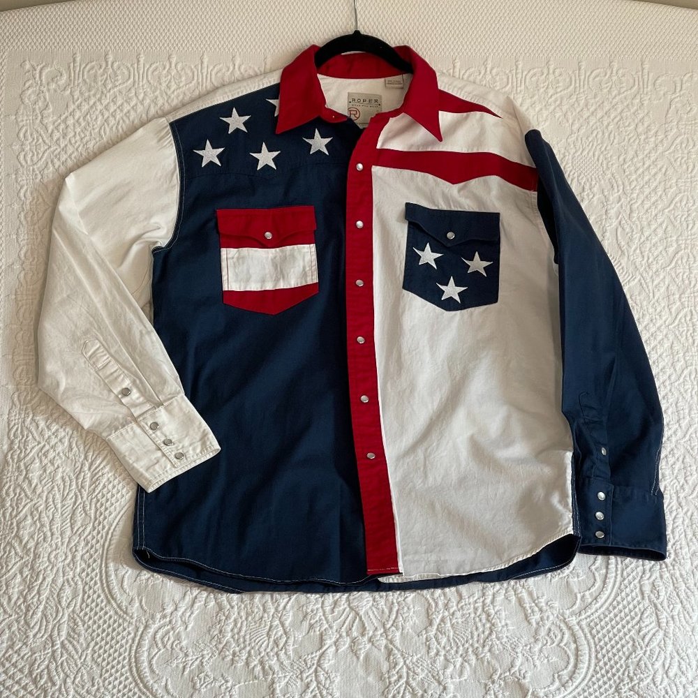 VINTAGE ROPER MEN'S LONG SLEEVE STARS & STRIPES II AMERICAN FLAG SHIRT Size L